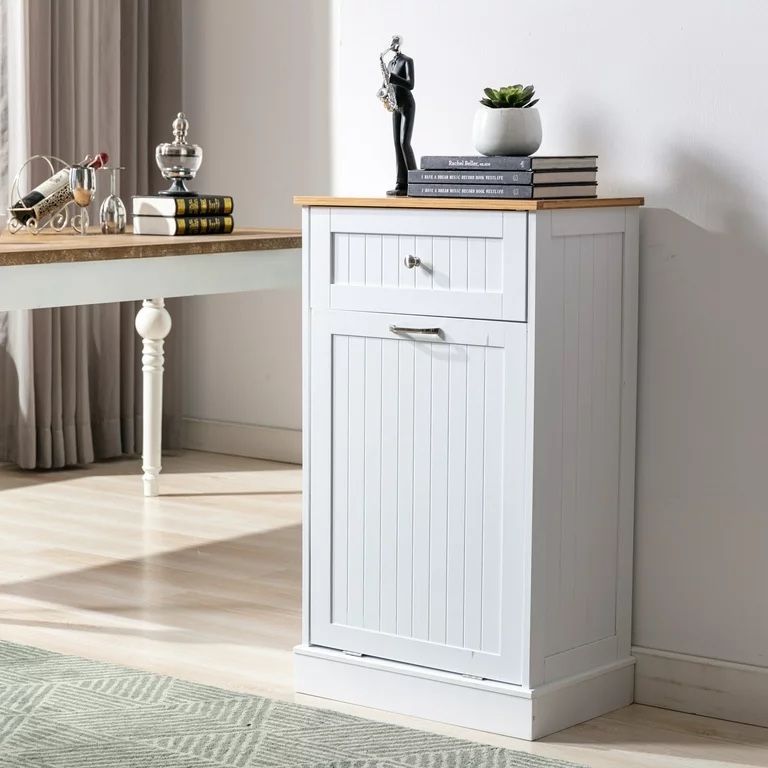 Kitchen single Trash Cabinet Tilt Out Free Standing Storage Can, Wood Garbage Recycling Station Hideaway Trash Holder Drawers