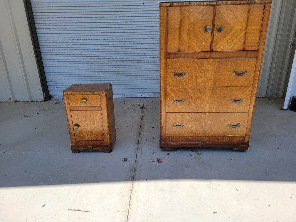 Beautiful Solid Wood Vintage Waterfall Style Dresser With Matching Nightstand