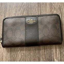 Coach Long Zip Around Wallet In Signature Canvas Brown Black Gold Tone Hardware