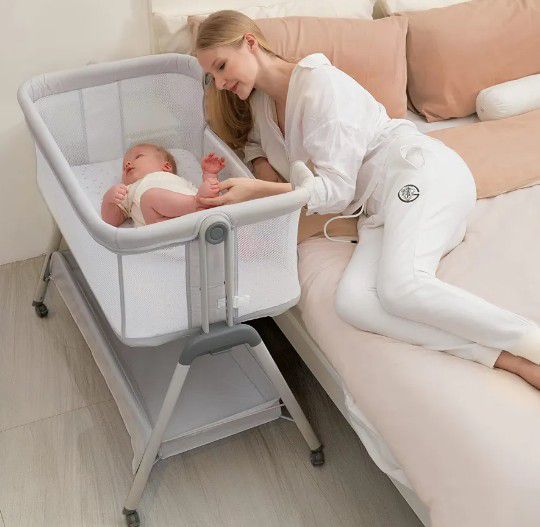ANGELBLISS Baby Bassinet, Portable Easy Fold Baby Crib with Wheels, Adjustable Height, Mattress Included