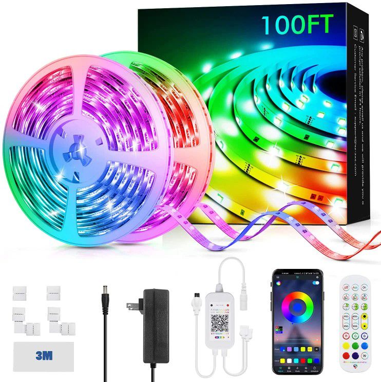 100ft Led Strip Lights, Color Changing LED Light Strips with Music Sync, Remote, Built-in Mic, Bluetooth App Control, RGB LED Lights for Bedroom, Part