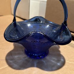 Vintage Cobalt Blue Glass Basket with Handle