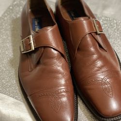 Dom Amorim-Vero Cuoio Italian Leather Monk-Strap Loafers Mens Cognac Brown Size 41 (US 8.5-9.0)