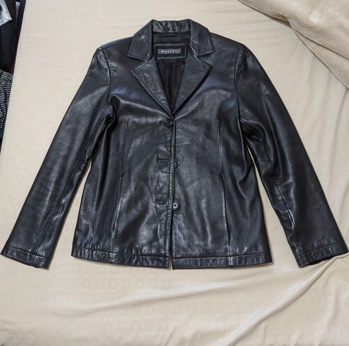 WOMEN LEATHER JACKET, WHET BLU, SIZE M, BLACK