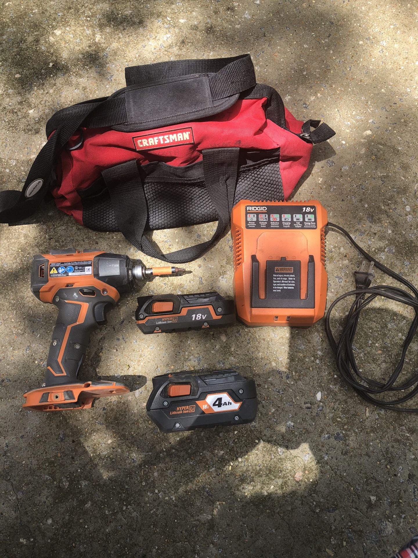 RIDGID 18-Volt Lithium-Ion Cordless With LED light two batteries charger And a craftsman bag