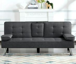 Convertible futon sofa sleeper couch with cupholders - dark gray - NEW