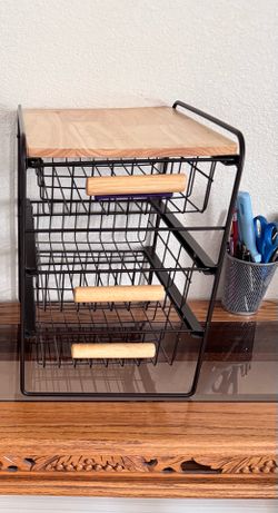 Metal 3 drawer organizer w/top wooden shelf