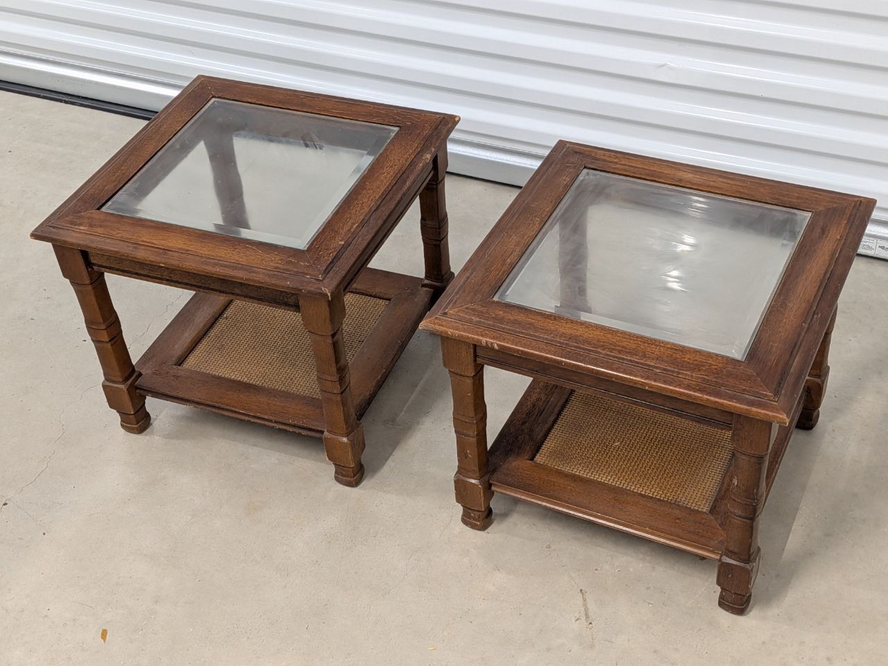 Solid Wood End Tables with Glass Tops – Matching Pair – Vintage Style