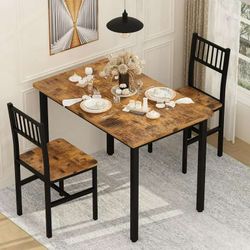 3 Piece Dining Table Set, Industrial Kitchen Table and 2 Chairs with Metal Frame, Dining Room Table