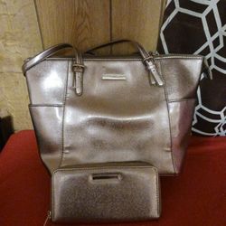 Metallic Rose Handbag With Wallet  $35