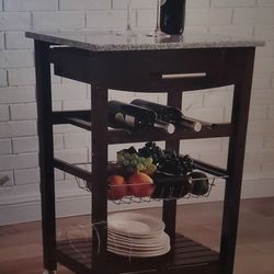 Granite Rolling Kitchen Island With Wine Rack 