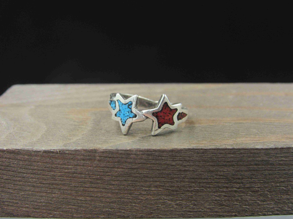 Size 5.25 Sterling Silver Coral & Turquoise Shooting Stars Band Ring Vintage