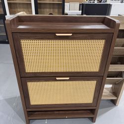 Shoe Storage Cabinet with 2 Flip Drawers, Farmhouse Ratten Shoe Cabinet Holder, Freestanding Shoe Organizer, Narrow Shoe Rack for Entryway, Hallway, W