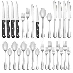 24 Pcs Silverware Set with Steak Knives for 4, Stainless Steel Flatware Set, Mirror Polished Cutlery Utensil Sets, Home Kitchen Eating Tableware, Dish