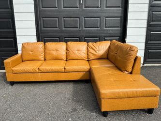 🔥MCM Cognac Tan Faux Leather Sectional Sofa w/ Chaise