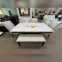6PC Marble top Dining table set with bucket chairs