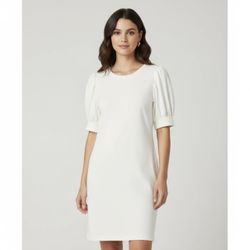 Daily Ritual Off-White Knit Dress Women’s Size Small Puff Sleeve Minimalist mini Cream Neutral