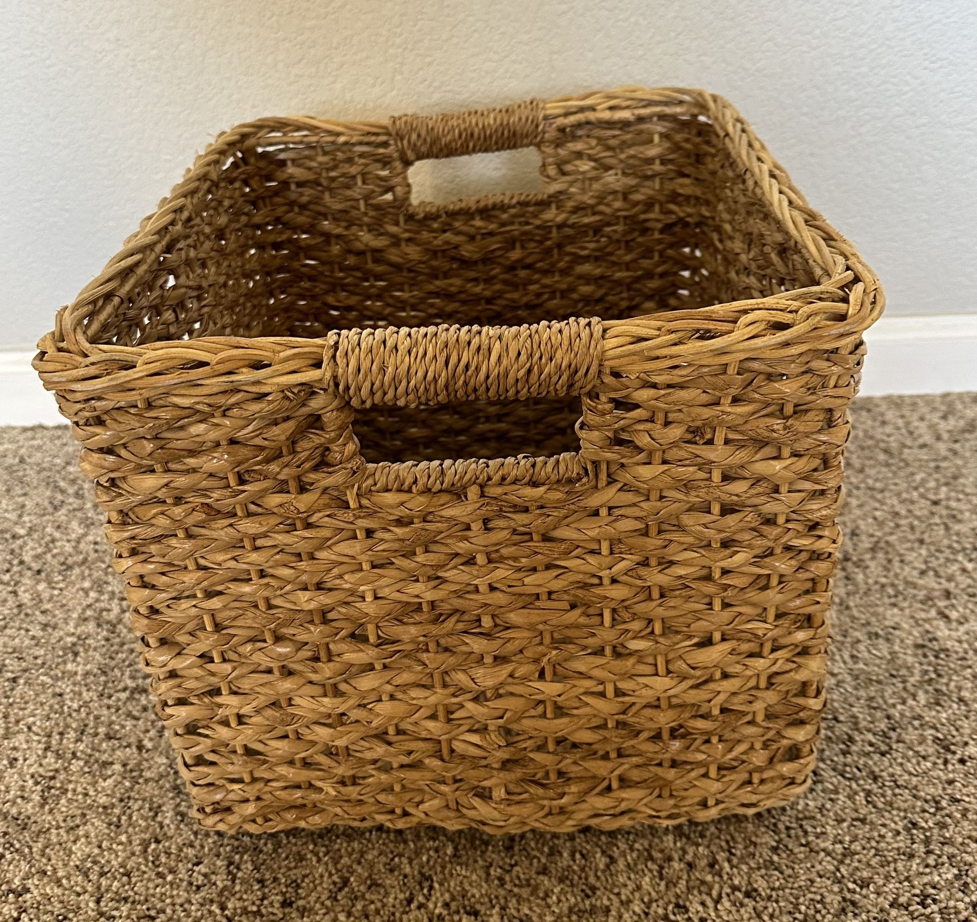 Large Rectangular Wicker Woven Basket With Cut Out Handles