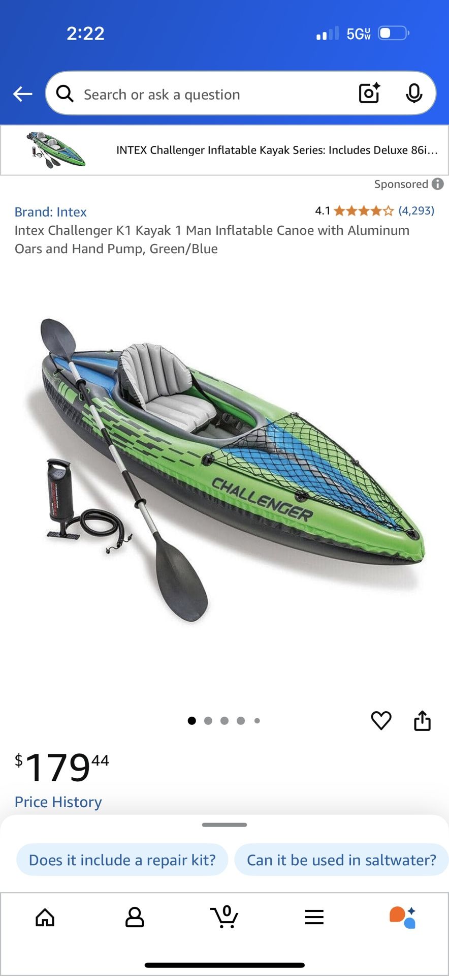 One Person Inflatable Kayak, Brand New, Box Never Opened