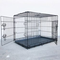(Brand New) $50 Double Door 36” Dog Crate Kennel Metal Folding Pet Cage Plastic Tray, 36x23x25 Inches