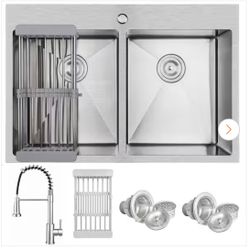 Handmade All-in-One Drop-in Stainless Steel 33 in. x 22 in. Spring Neck Faucet and Drying Rack Double Bowl Kitchen Sink