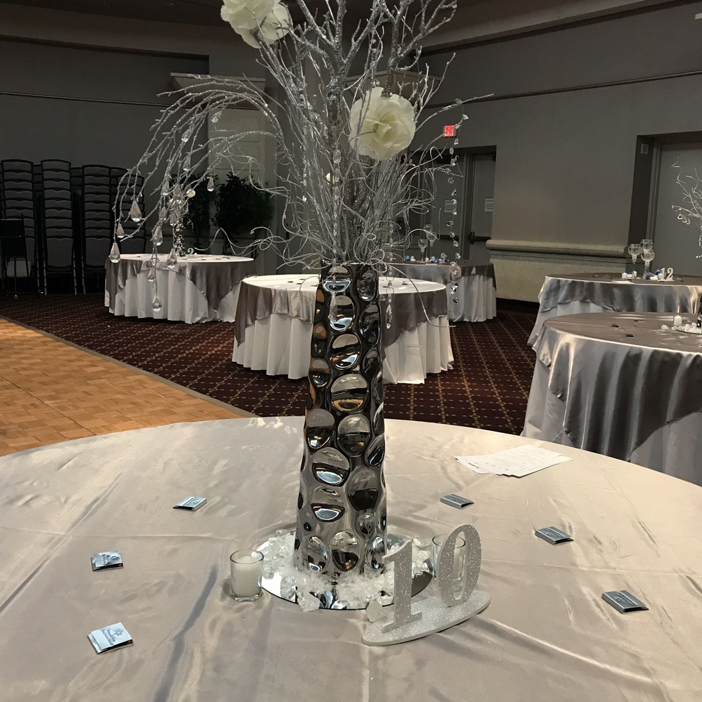 Centerpieces silver Vase & silver branches & crystals, holidays,weddings, party & more fancy decor for beautiful look!