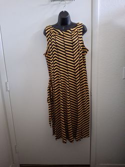 Yellow and Black Striped Sleeveless A-Line Midi length Dress