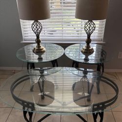 Glass Coffe Table & End Tables With Lamps