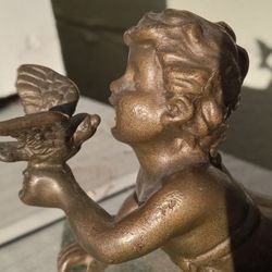 Vintage Andrea By Sadek 6" Bronze Boy Kissing Bird On Green Marble Base Figurine 