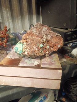 1100 g piece of quarts Crystal with malachite pyrite and critical and mixed all together into it