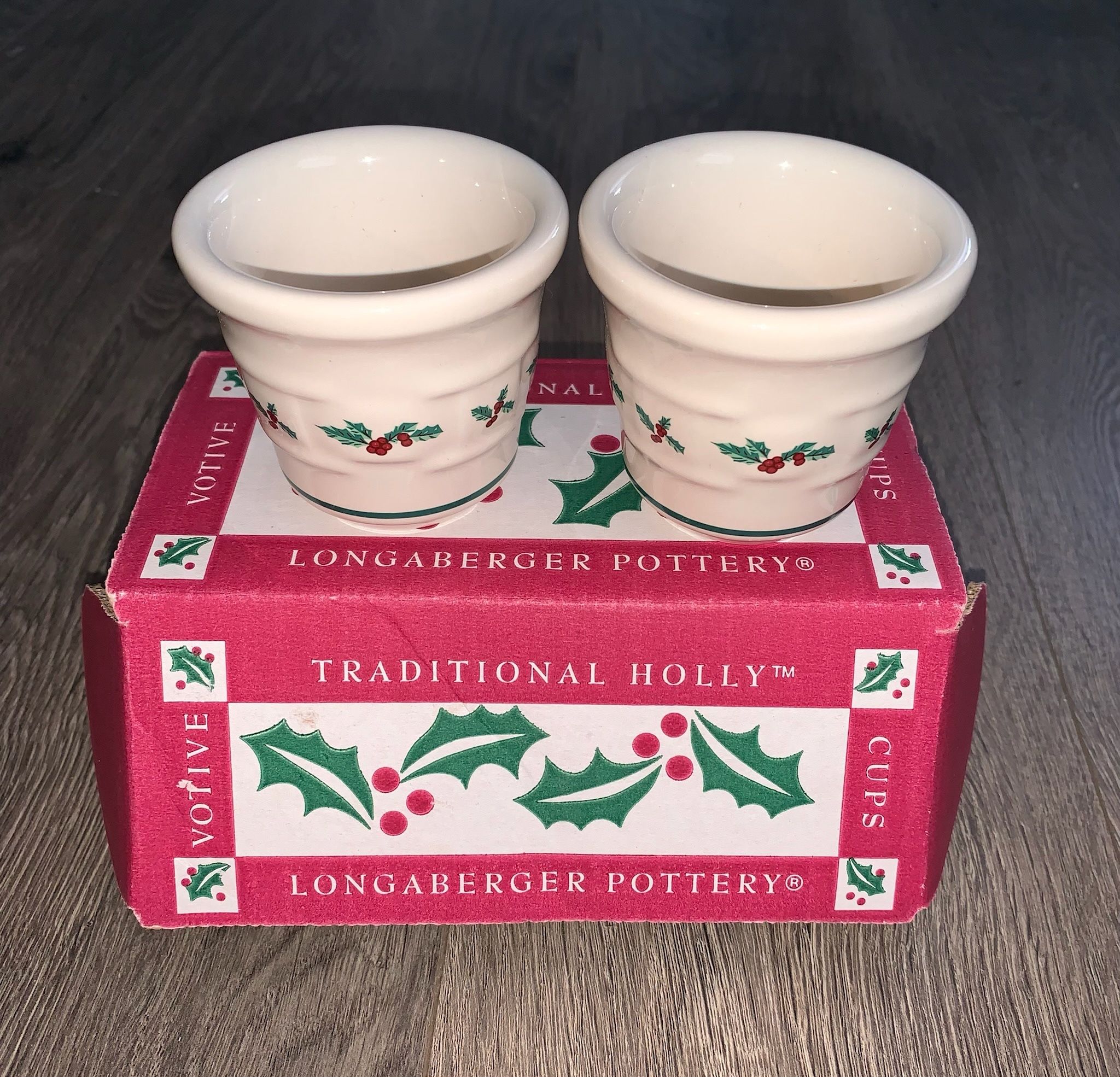 REDUCED—NEED GONE—Longaberger Pottery Traditional Holly 2 Piece Votive Cups Set #36064 NOS 1998