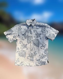 Blue Paradise Men’s Size Small Gray White Floral Button-Up Shirt Short Sleeve