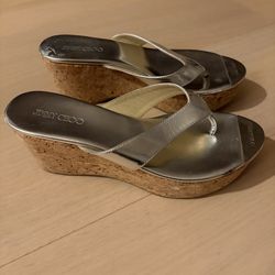 Jimmy Choo Silver Thong Cork Platform Sandals