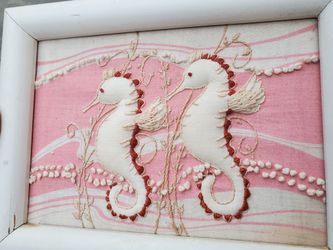 Vintage Art Handmade Embroidered Seahorse & Fish 