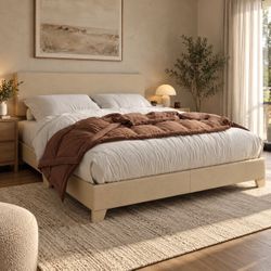 Full Size Bed Beige Upholstered Platform Bed Frame