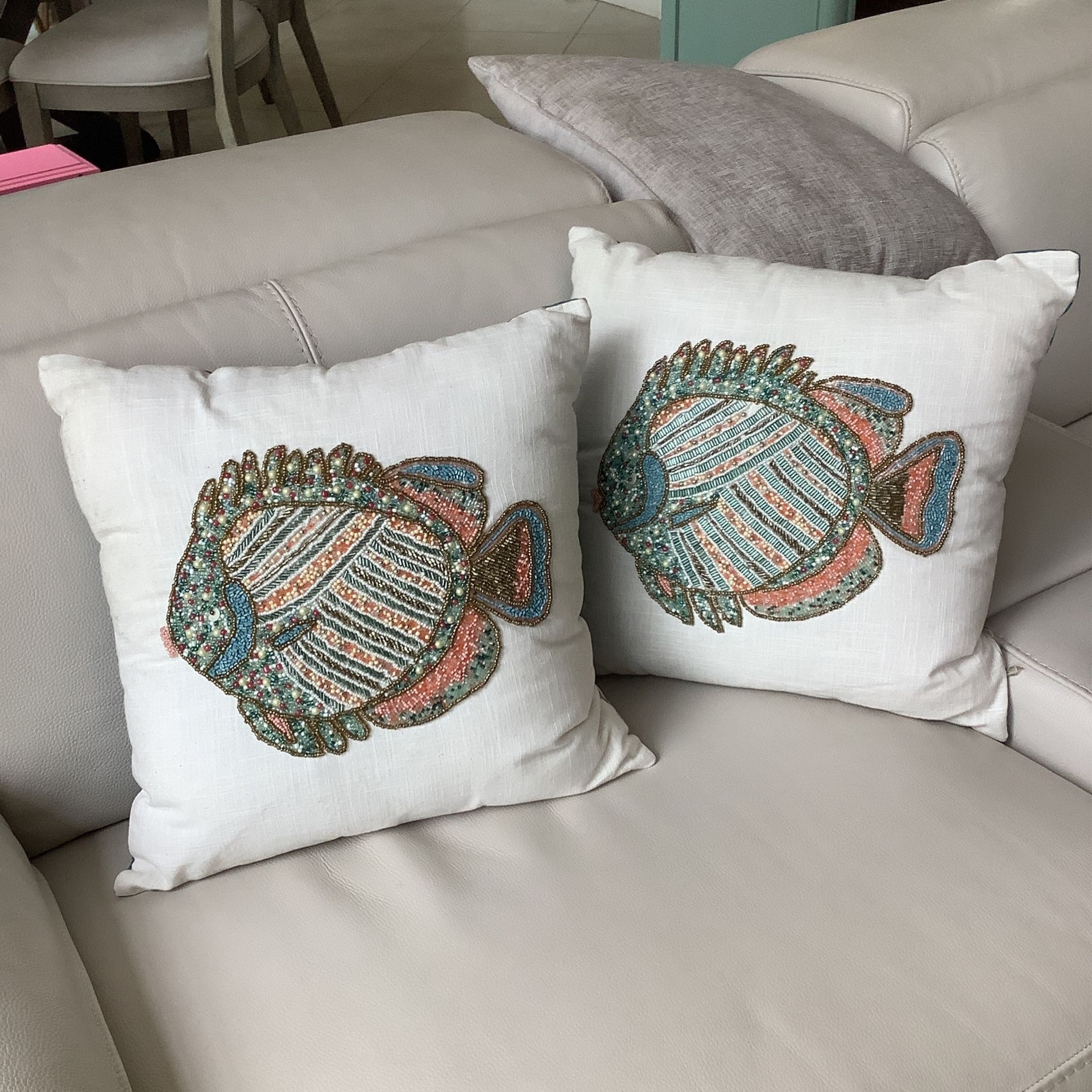 2 Cream and Aqua Coastal Decorative Pillows