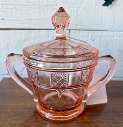 1935 pink depression, glass sugar bowl