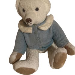Vintage Jointed White Fur Teddy Bear Plush with Blue Sweater. In vintage well-loved condition. Some light discolor and a smudge on foot. About 16" siz