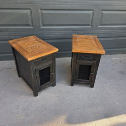 Ashley Furniture set of 2 Solid Wood End Tables with charger/AC outlets

End Table Set:
24"Deep X 16"W X 25.25"T
Drawers:
11.5 X 8 X 3
Cabinet:
22"D X