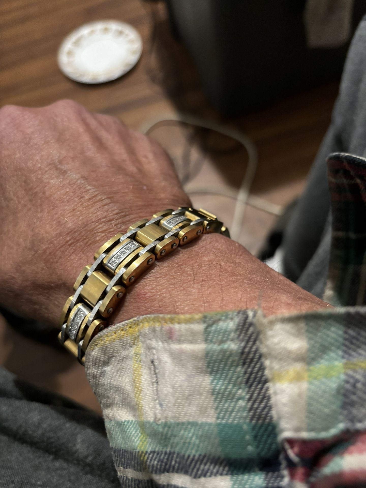 Titanium, 14 Karat Gold, Plate, Men’s Very Heavy Bracelet With Crystals