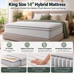 king size 14 inch hybrid mattress pocketed coils mem foam cooling gel MEDIUM PLUSH.