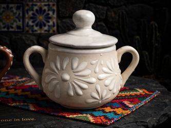 New Ceramic Sugar or salsa Bowl with Lid and Handles