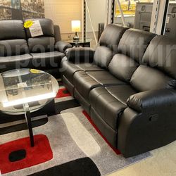 Black Faux Leather Reclining Sofa & Loveseat Set – 2pc Living Room Set