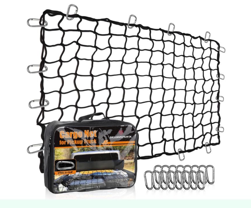 Seven Sparta 5’ X 7’ Bungee Cargo Net Stretches To 10' X 14' For Truck Bed, Pickup Bed, Trailer, Trunk, SUV With 16 Bonus D Clip Carabiners Car Organi