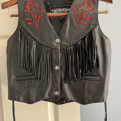 UNIK Sm Fringed Leather Motercycle Vest w/ Cut Red Rose