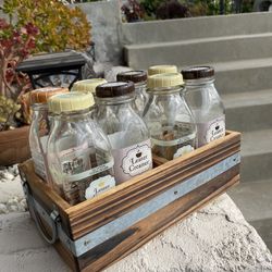Farmhouse Divided Wood Box W/Farmhouse Glass Bottles