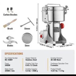 SVOPES 2000g 3400W Electric Grain & Spice Grinder Mill (Stainless Steel)