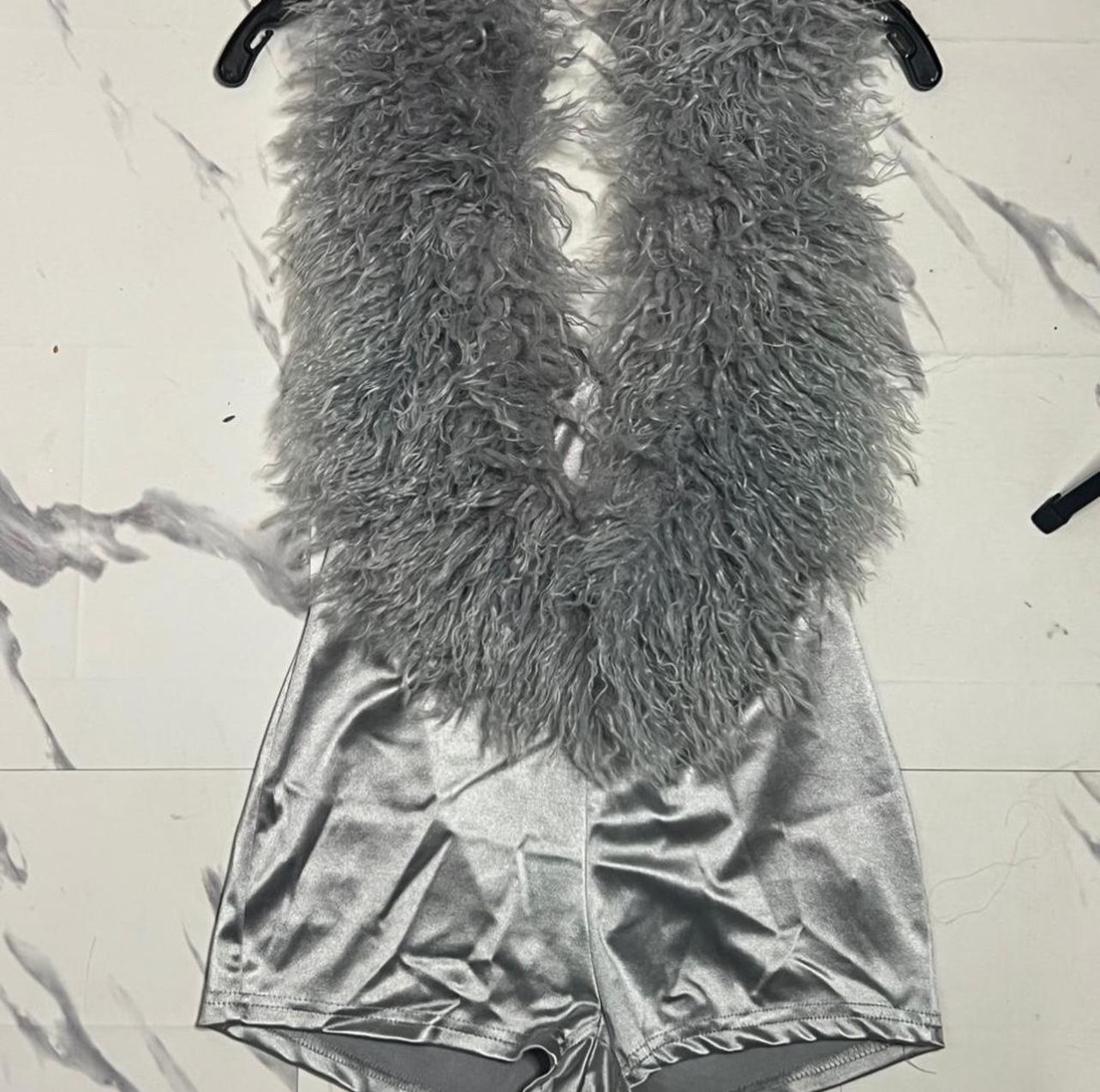 Silver Ostrich Fur Halter Top Short Jumpsuit