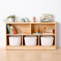0894 Rubber Wood 5-Compartment Montessori Shelf, 43.3" L, 2-Tier Toy Organizers and Storage, Wooden Storage Cabinet for Kids Room, Playroom, Nursery,