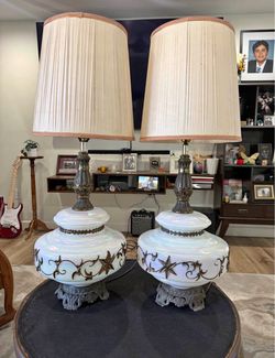 A Pair of Vintage Milk Pearl Glass Vase with Brass Table Lamps